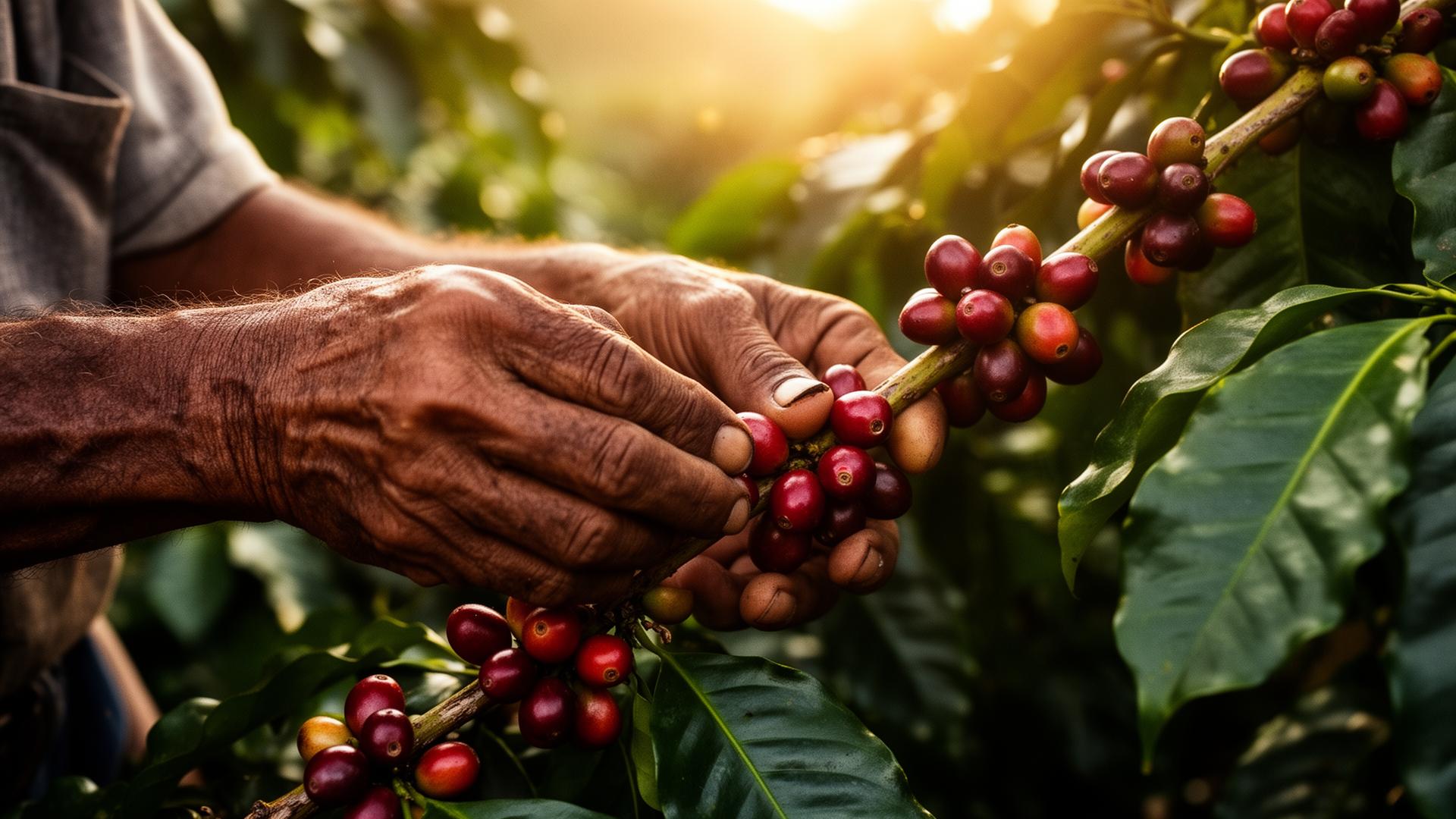 Hands picking ripe coffee cherries