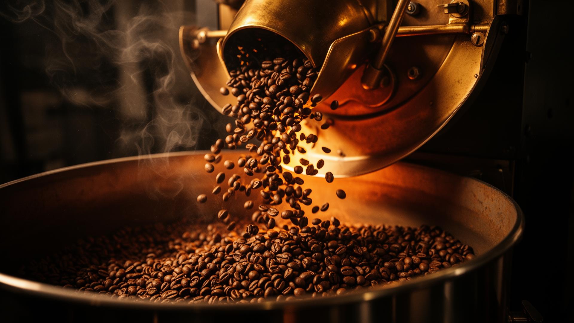 Coffee beans tumbling into a roaster
